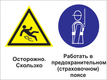 Кз 70 осторожно - скользко. работать в предохранительном (страховочном) поясе. (пластик, 600х400 мм) - Знаки безопасности - Комбинированные знаки безопасности - Магазин охраны труда ohranatruda-shop.ru